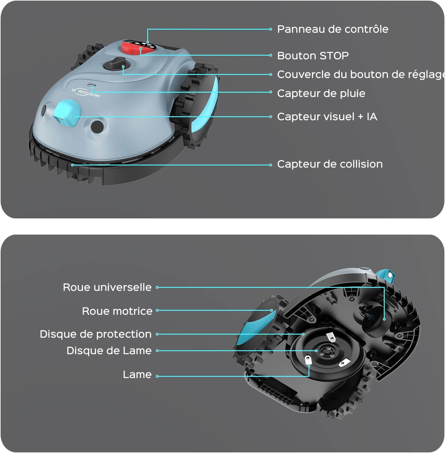 YARDCARE V100 Robot Tondeuse sans Fil Périphérique,avec Navigation par Vision, Évitement d'obstacles(150 Sortes), Robot Tondeuse Gazon avec Batterie 4 Ah, Lame de Rechange