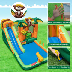 7 en 1 Château Gonflable Tropical à Thème Singe & Palmier avec Toboggan Aquatique avec Piscine & 50 Boules Charge 90kg pour 2 Enfants de 3-10 Ans -