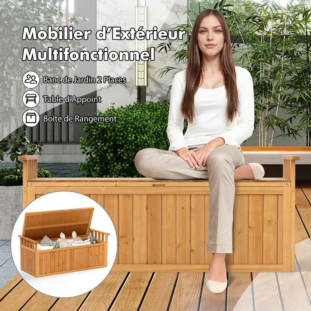 Banc de Rangement en Bois Banc d'Extrieur  2 Places de 209 L avec Accoudoirs Coffre de Stockage en Bois Charge 100KG Naturel -