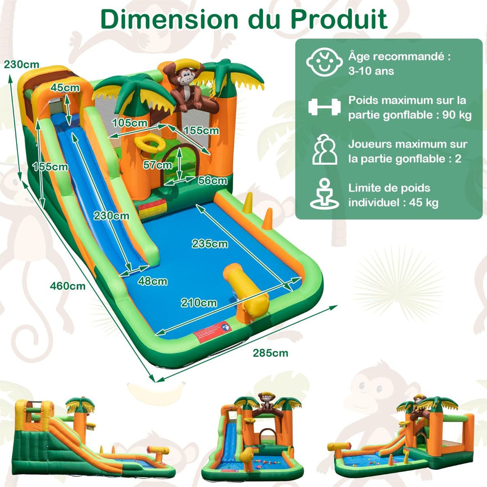 7 en 1 Château Gonflable Tropical à Thème Singe & Palmier avec Toboggan Aquatique avec Piscine & 50 Boules Charge 90kg pour 2 Enfants de 3-10 Ans -
