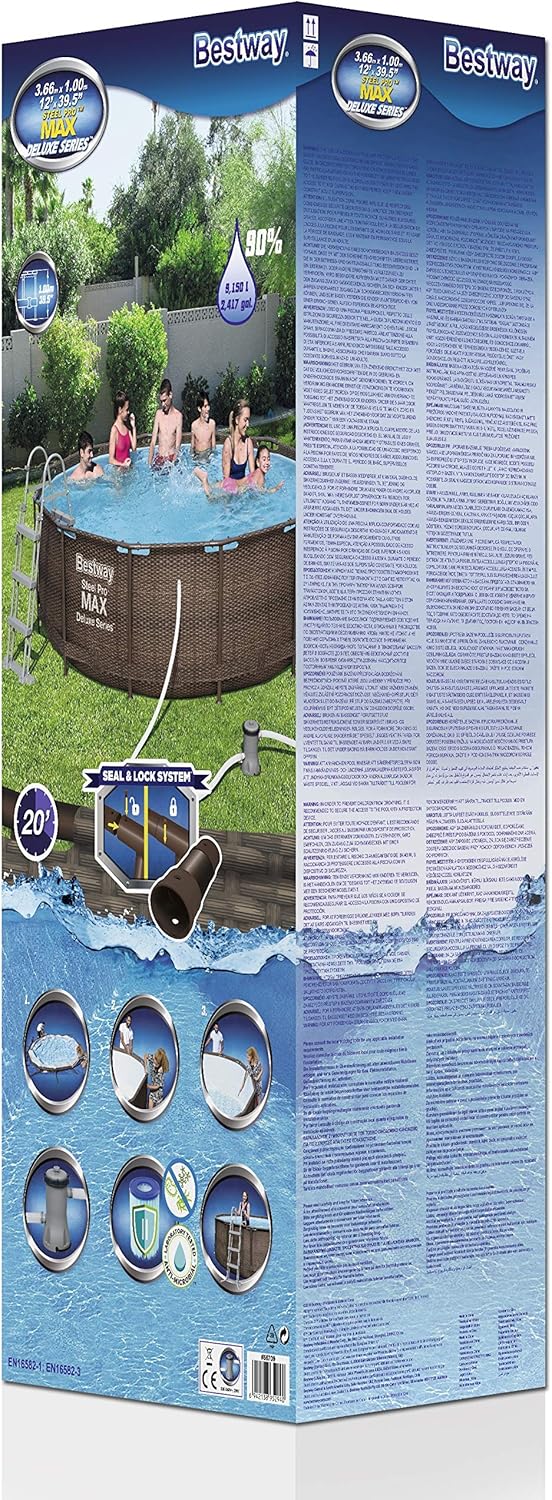 Power Steel Deluxe Piscine tubulaire ronde avec cadre en acier solide Kit complet Aspect rotin 366 x 100 cm,Marron