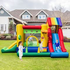 Château Gonflable à Thème Arc-en-ciel 7 en 1 avec Ventilateur Double Toboggans Piscine à Balles Panier de Basket Charge 90kg -