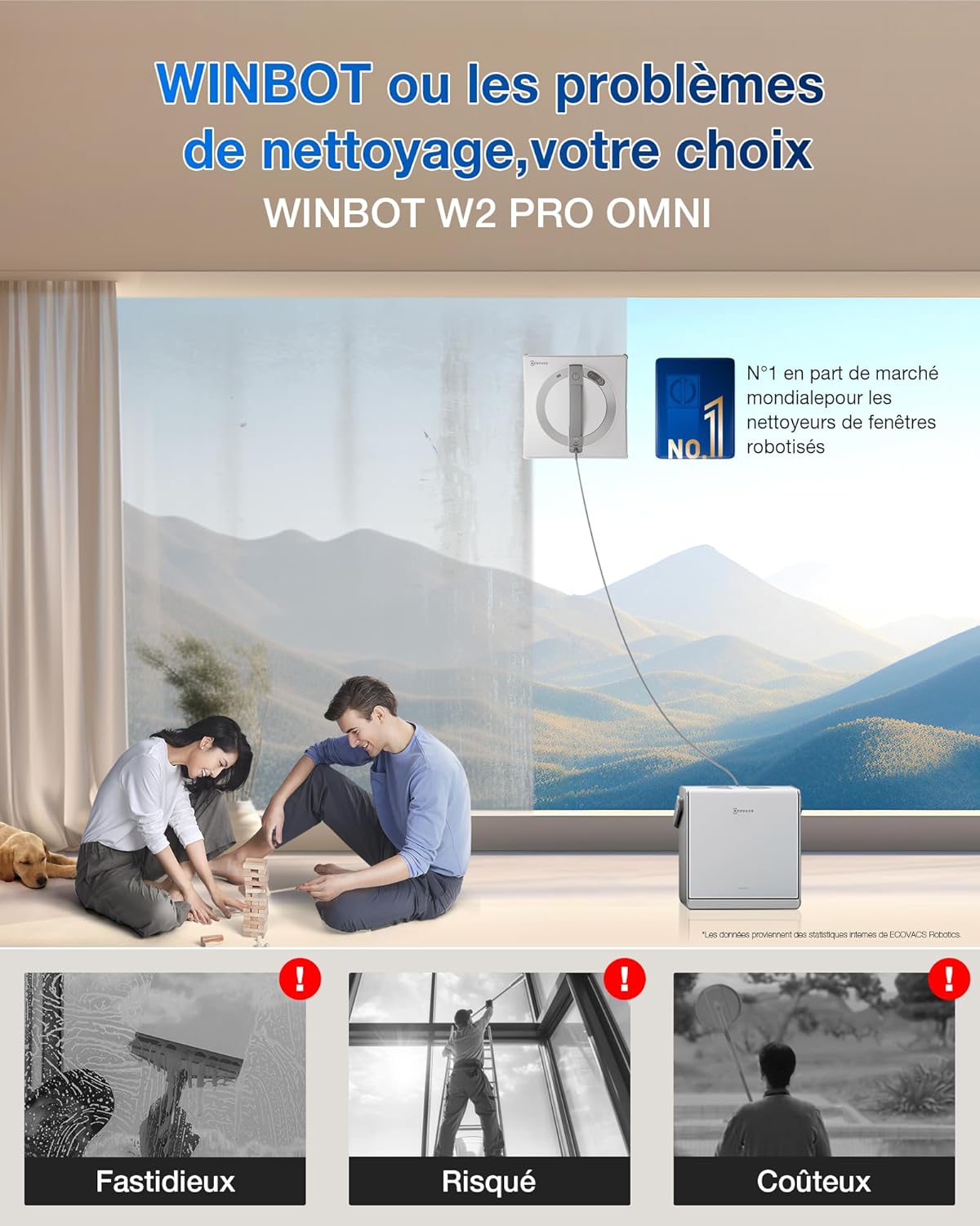 ECOVACS WINBOT W2 Pro Omni Robot Nettoyeur de vitres avec Station Multifonction, se Recharge Pendant Le Fonctionnement, buse à Triple Embout, système de Protection à 12 Niveaux