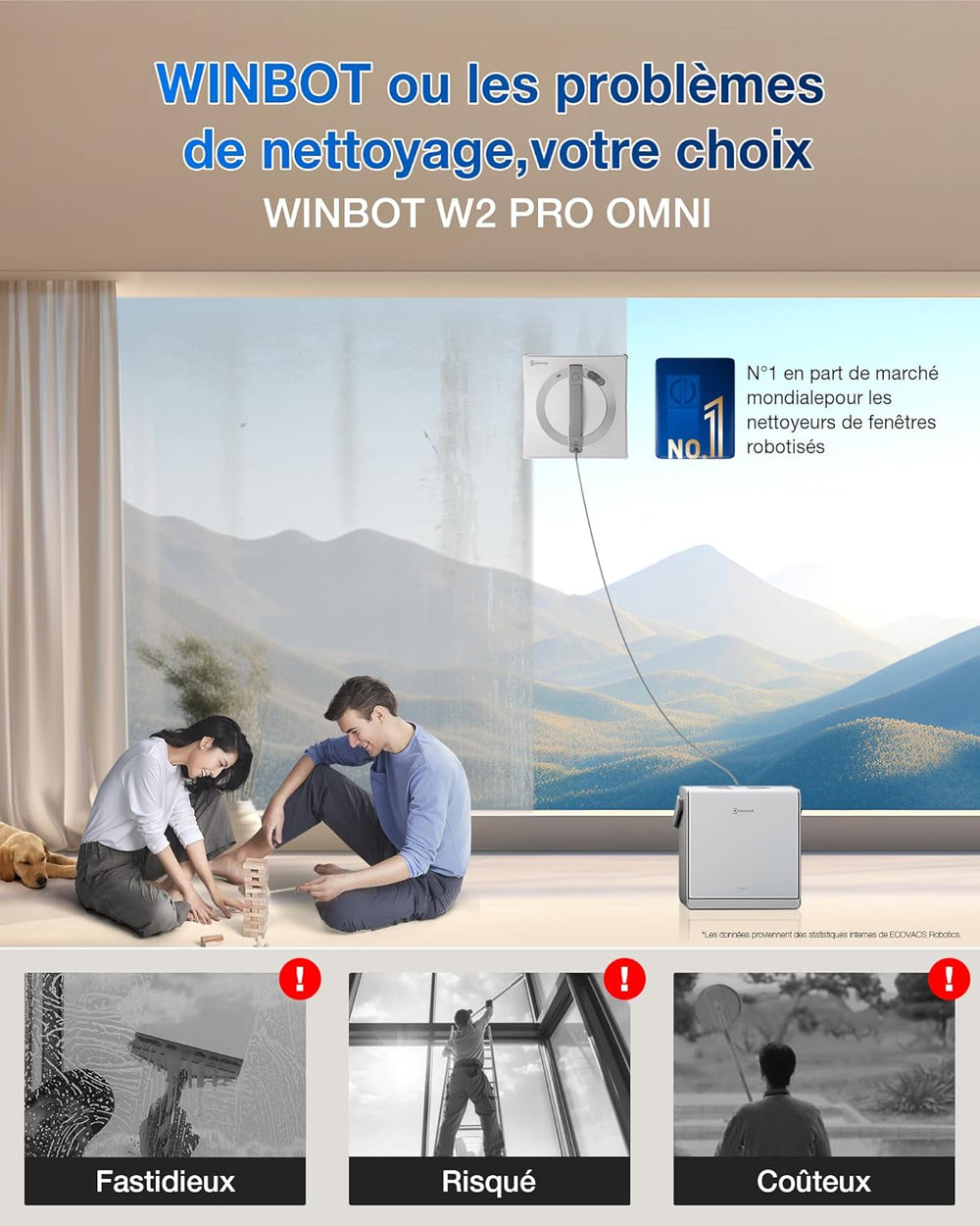 ECOVACS WINBOT W2 Pro Omni Robot Nettoyeur de vitres avec Station Multifonction, se Recharge Pendant Le Fonctionnement, buse à Triple Embout, système de Protection à 12 Niveaux
