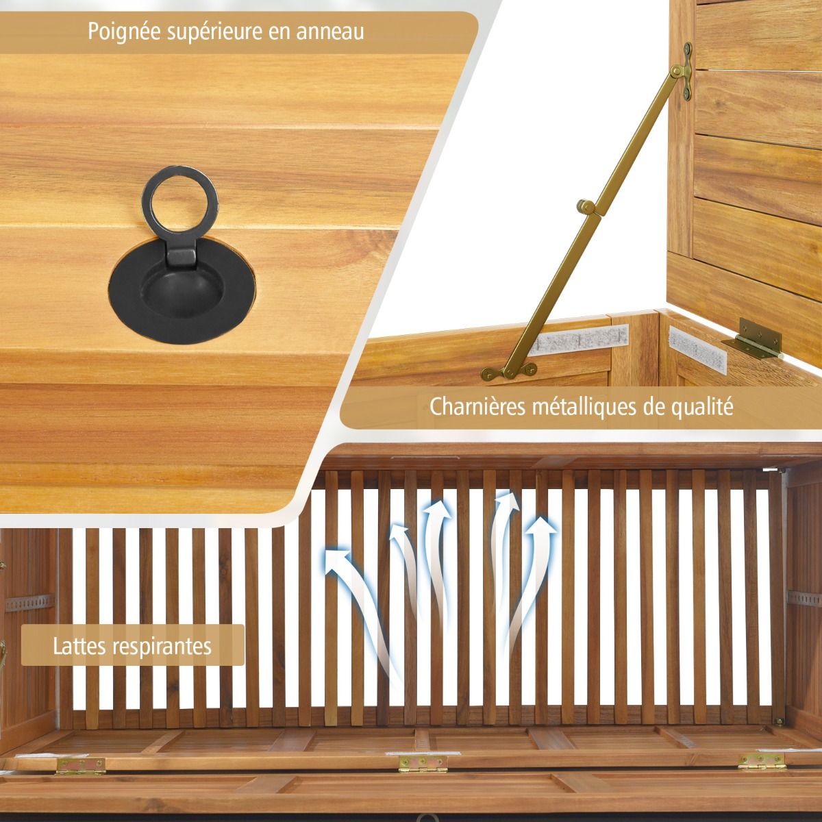 Coffre de Rangement 182L en Bois d’Acacia Charnière en Métal Banc de Rangement à Roulettes Extérieur pour Jardin Patio -