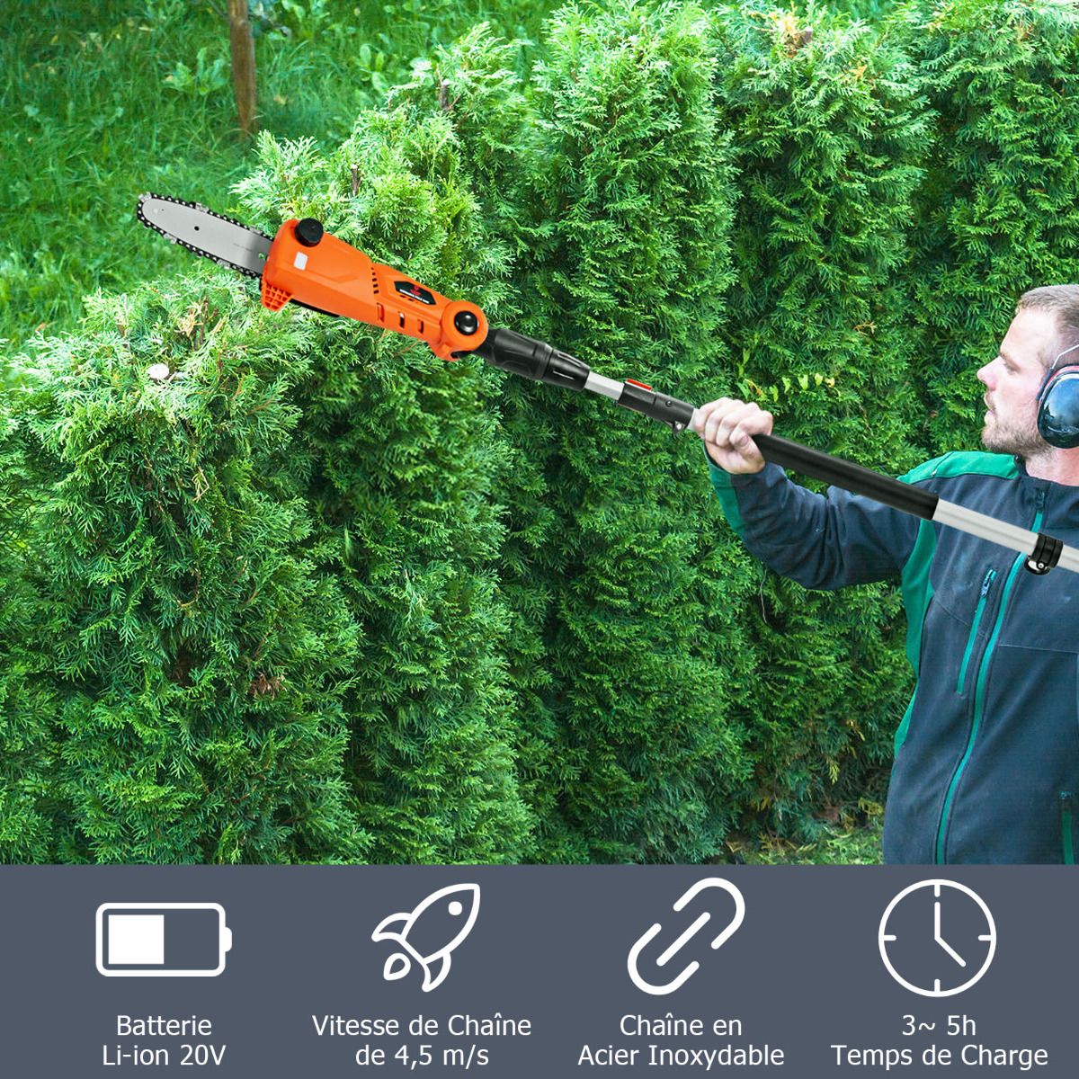 Élagueuse Télescopique sur Perche sans Fil 198 -274 cm Coupe Branche avec Batterie 20V et Chargeur Orange -
