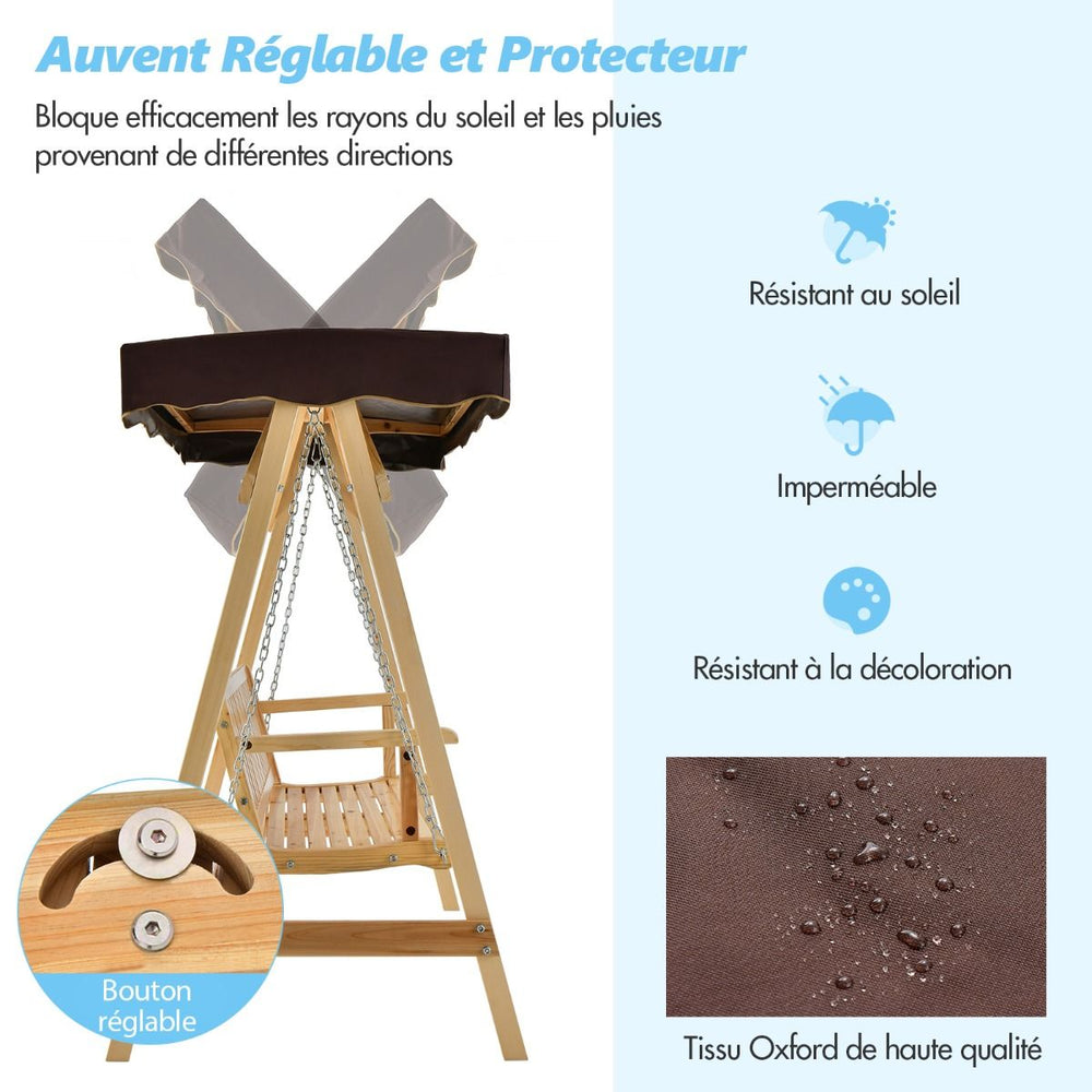 Balancelle de Jardin 2 Places en Bois avec Toit Inclinable Imperméable Chaîne Métallique Réglable Charge 240KG Cadre en A pour Jardin Véranda Cour -