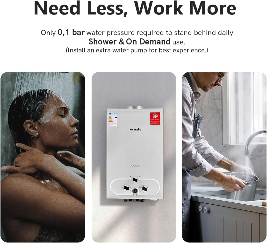 20LPM Chauffe-eau Gaz, 40KW Chauffe-eau Instantané GPL avec Pression d'Eau Requise Très Faible de 0,1 Bar pour la Douche et à la Demande, Fonctionne au Butane et Propane