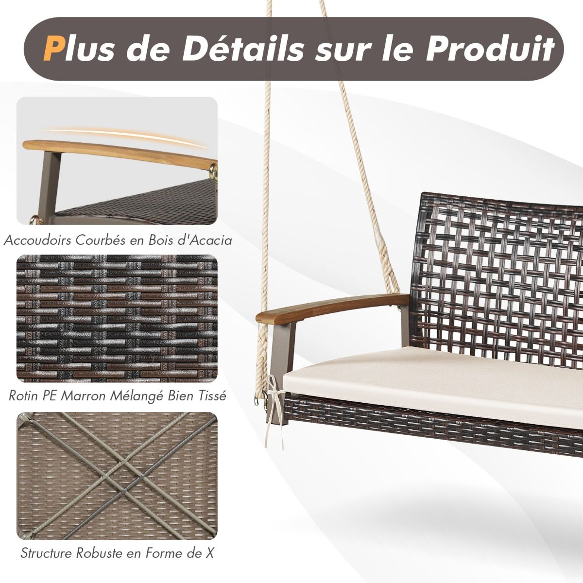 Banc Suspendu de Jardin en Rotin 2 Place Accoudoirs en Bois d'Acacia Cadre en Métal Coussin Cordes Crochets Blanc/Noir -