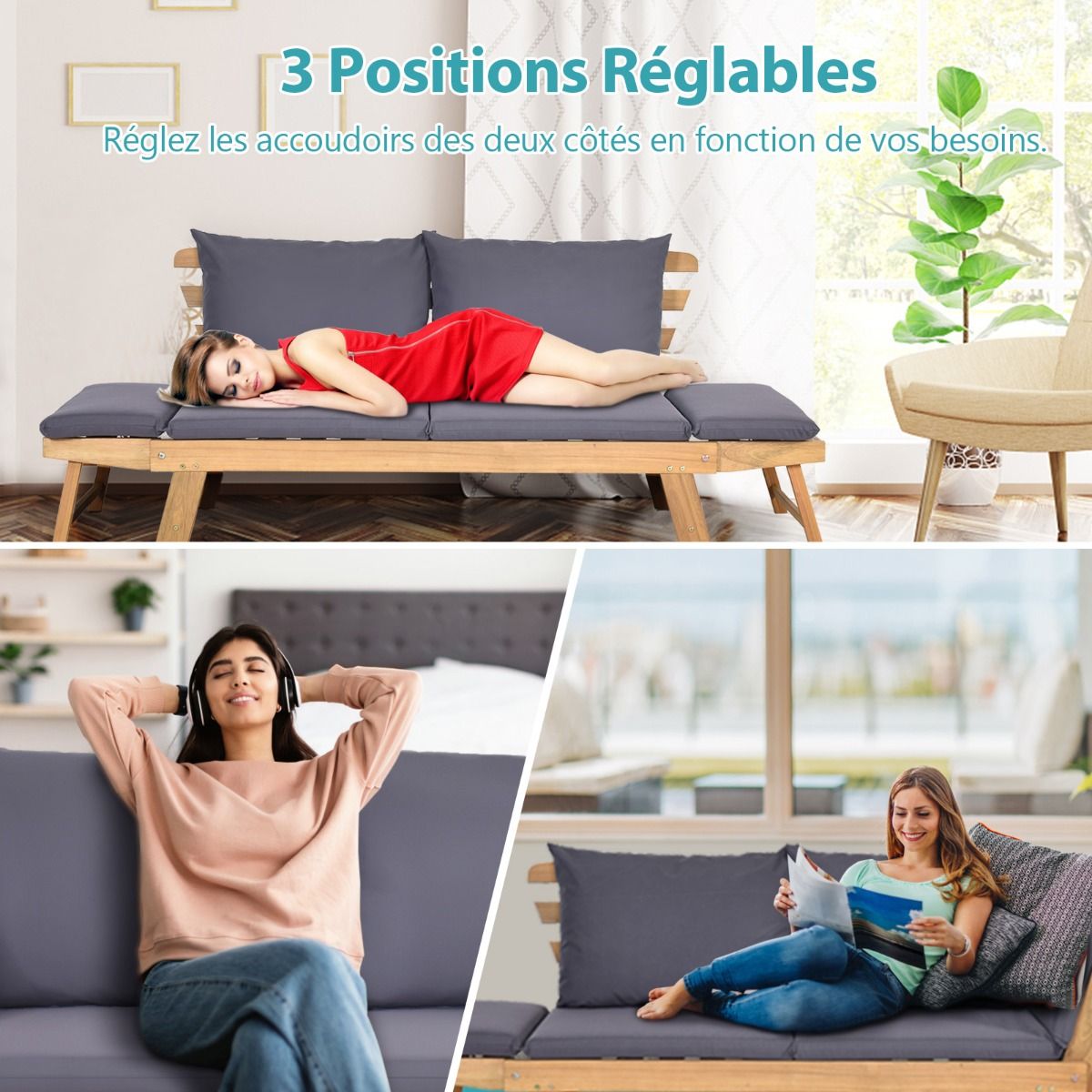Chaise Longue Convertible avec Coussin Canapé de Jardin 2 en 1 en Bois d’Acacia avec Accoudoir Réglable pour Patio Piscine Jardin Blanc/Gris/Bleu/Rouge -