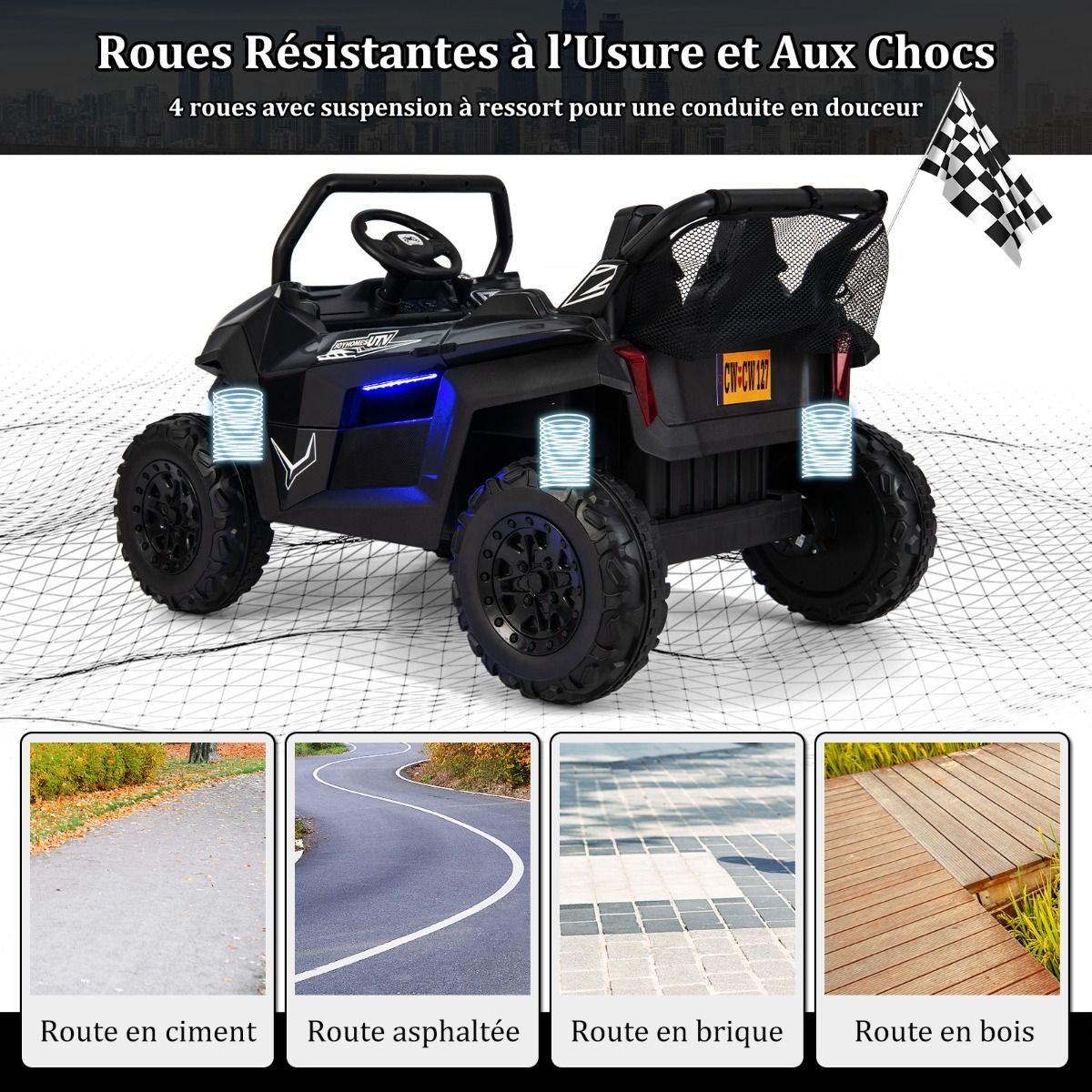 Voiture lectrique Enfant 12 V Tlcommande pour 3-8 Ans 2 Vitesses Ressort de Suspension Charge 59KG 118x74x71CM Noir/Rose/Rouge -