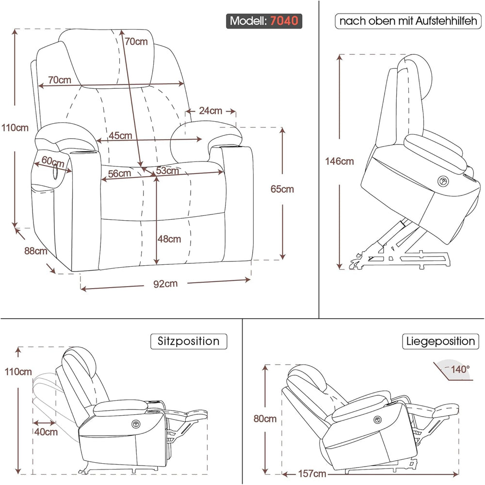 Aide à l'arrimage électrique MCombo, Fauteuil TV, Fauteuil Relaxant, Massage, Chauffage, Connexion USB réglable électriquement, Simili cuir, Noir