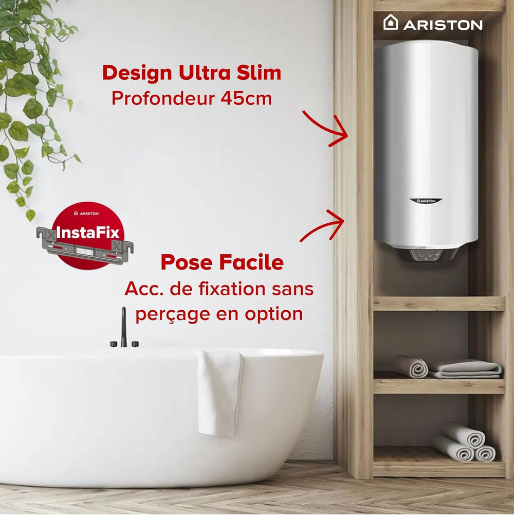 Ariston PRO1 ECO 80L - Chauffe-eau Electrique Vertical Mural Ø450 mm - Intelligent Fonction ECO - Classe B - Conçu et fabriqué pour être installé en France