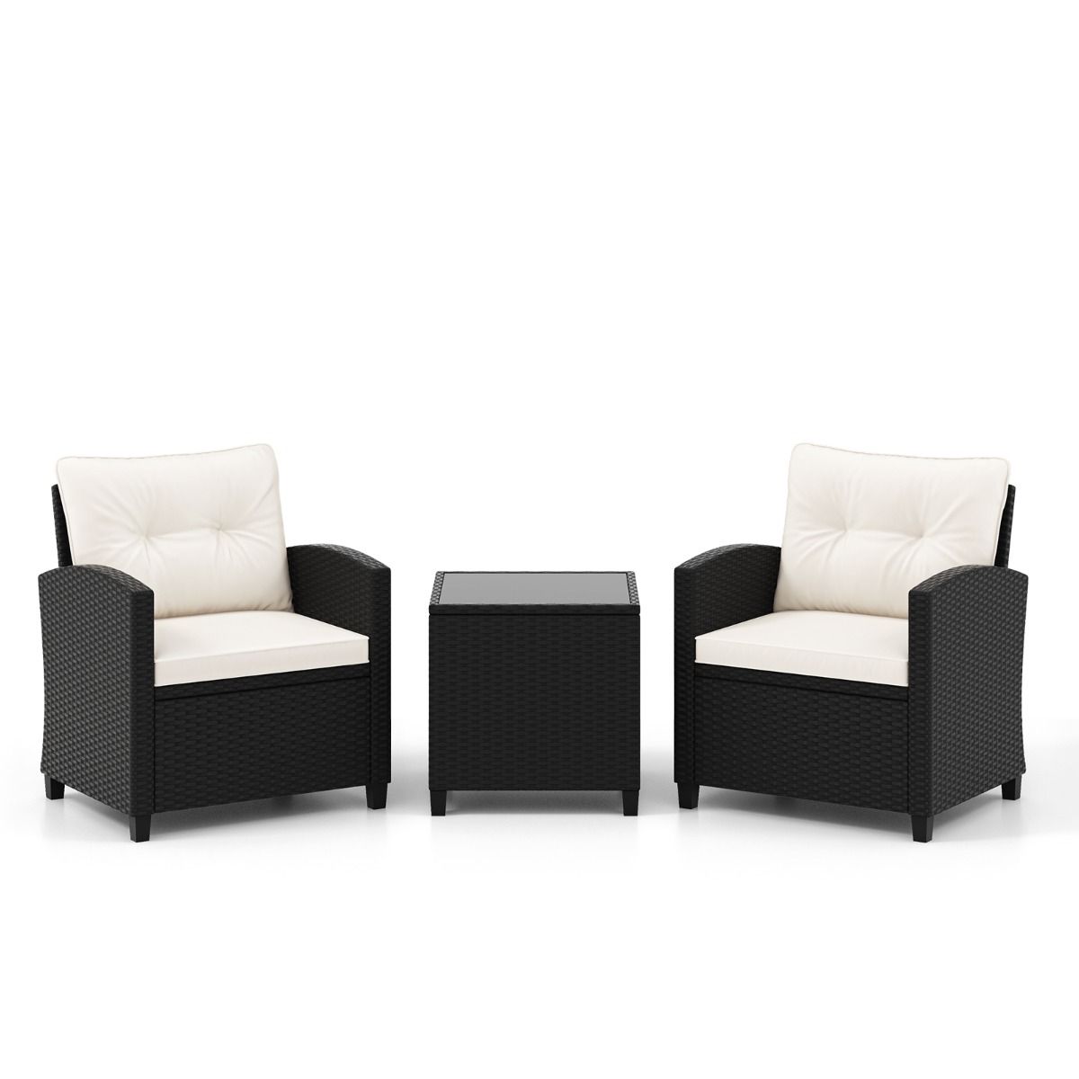 Ensemble de Meubles 3 Pièces de Patio en Rotin Charge 180KG Salon de Jardin 2 Fauteuils Table Basse avec Plateau Noir/Beige/Blanc -