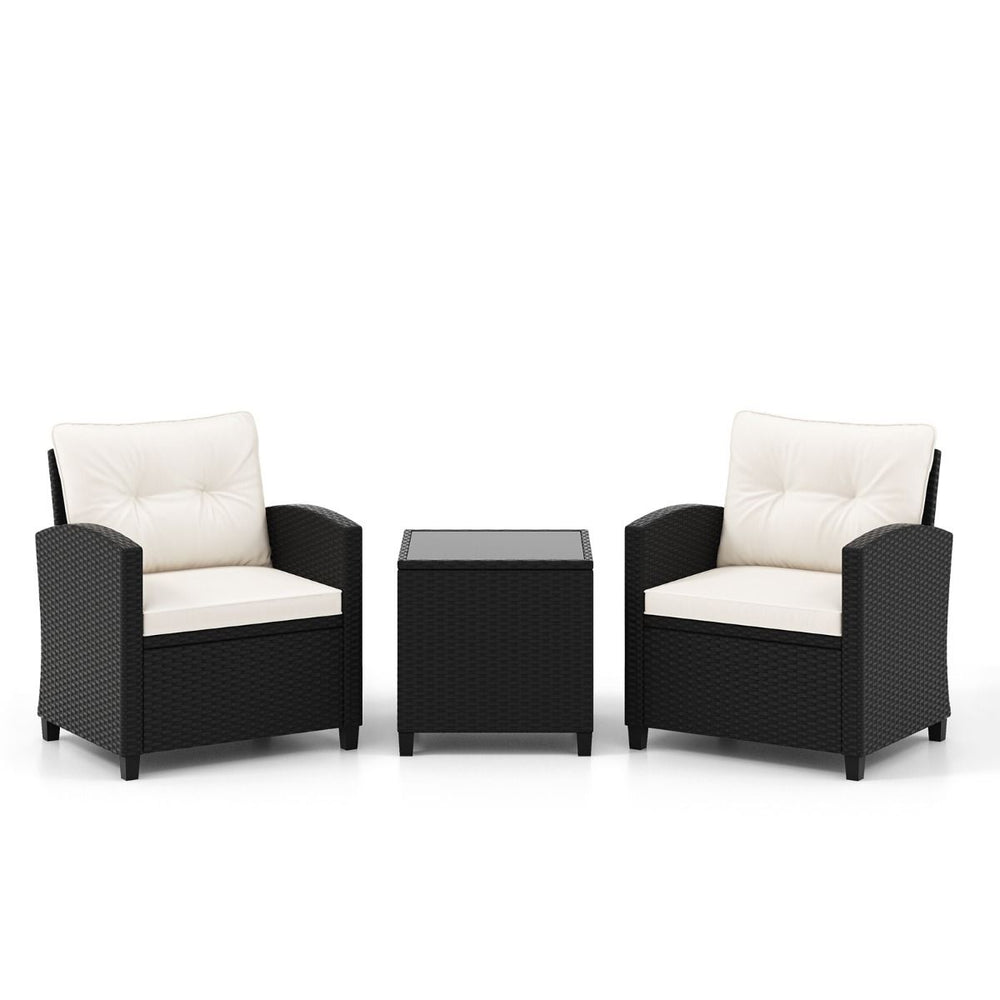 Ensemble de Meubles 3 Pièces de Patio en Rotin Charge 180KG Salon de Jardin 2 Fauteuils Table Basse avec Plateau Noir/Beige/Blanc -