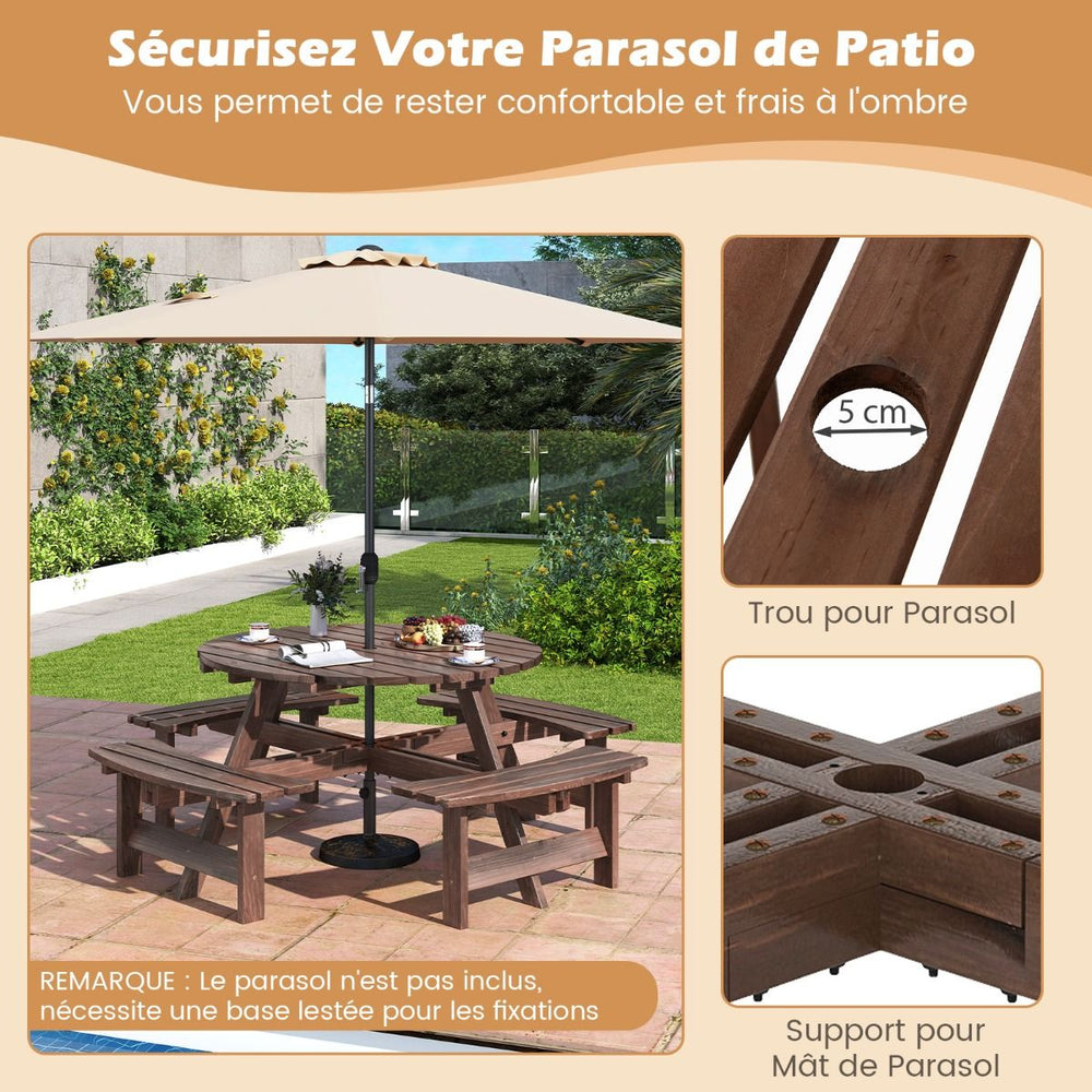 Ensemble Table de Pique-Nique en Bois pour 2  8 Personnes Set Table et Banc Circulaire avec 4 Bancs Intgrs Trou de Parasol de 5cm Marron/Jaune -