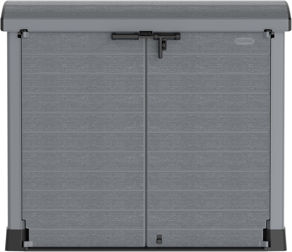 Duramax StoreAway 1200L Plastic Garden Shed/ Flat Lid,Outdoor Storage Shed,Wheelie Bin Hideaways,Wheelie bin box,Durable Construction,Ideal for Bikes,BBQs & 2x 240L Bins,145x85x125 cm,Brown