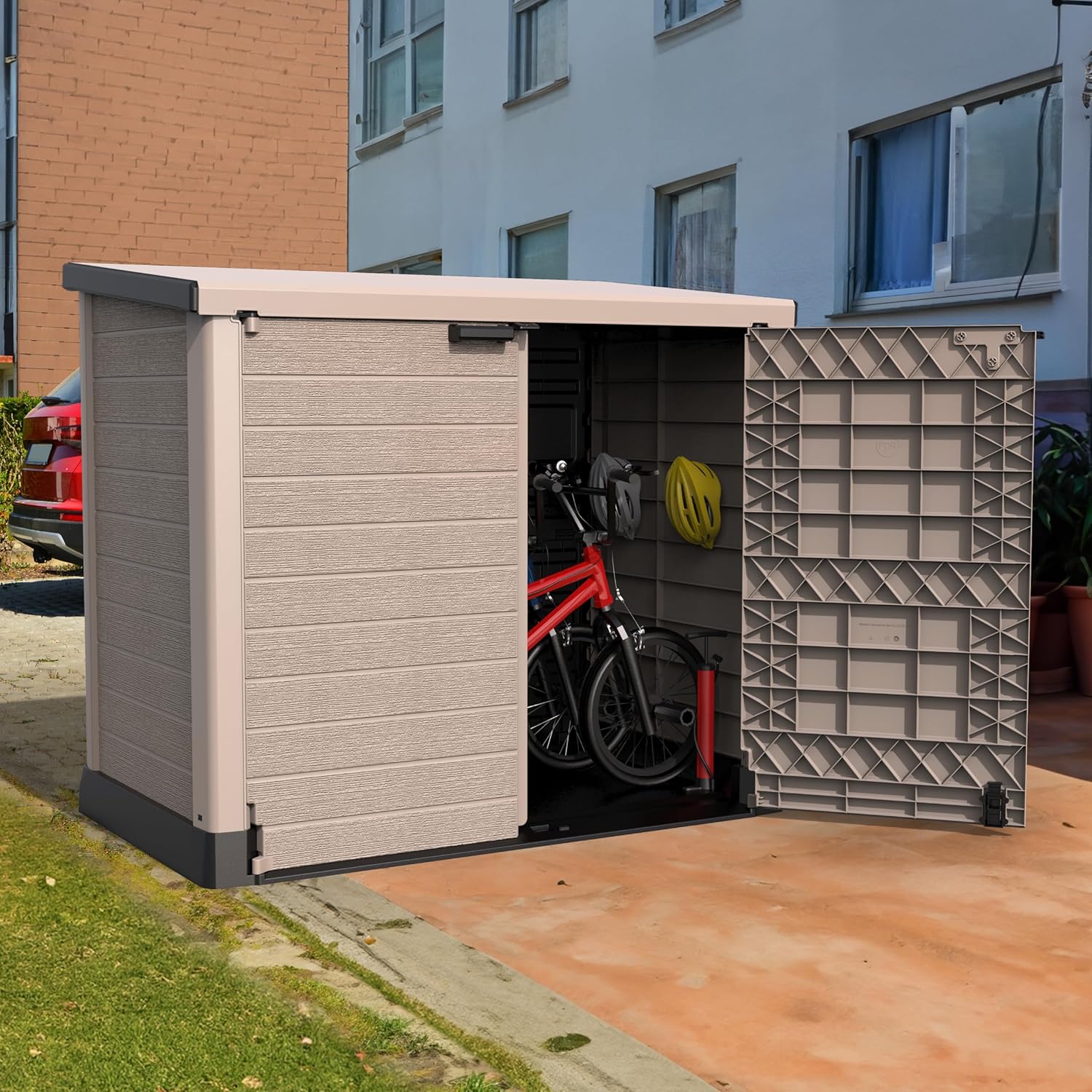 Duramax StoreAway 1200L Plastic Garden Shed/ Flat Lid,Outdoor Storage Shed,Wheelie Bin Hideaways,Wheelie bin box,Durable Construction,Ideal for Bikes,BBQs & 2x 240L Bins,145x85x125 cm,Brown