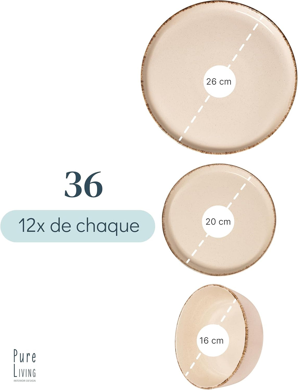Ensemble Vaisselle en Grès 12 Personnes Rustique 36 pièces - Service de Table Rustique, Lavable au Lave-Vaisselle - Ensemble de Bols et Assiettes - Vaisselle de Table Pure Living en beige