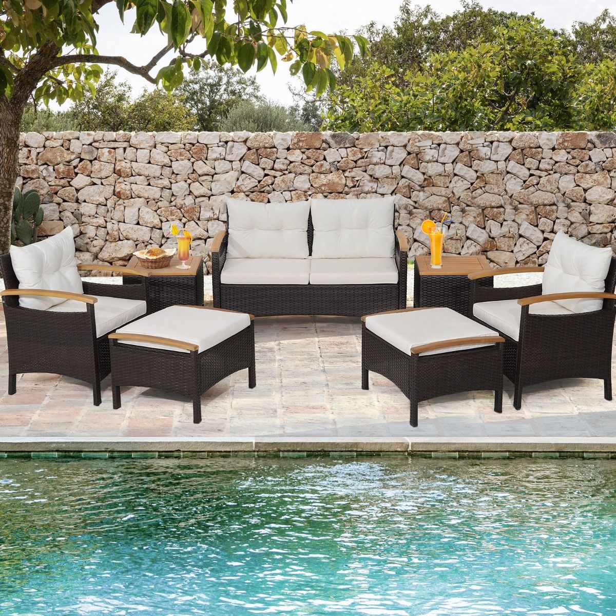 Ensemble de Canaps de Patio en Rotin PE 7 Pices avec Coussins d'Assise et de Dossier 2 Poufs 2 Tables Basses Plateau de Table -