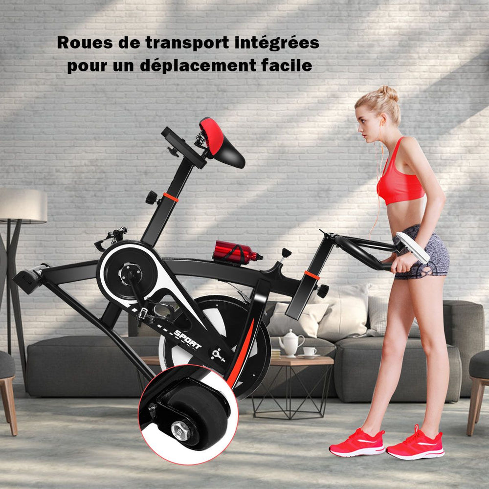 Vélo D’appartement Vélo Silencieux avec Courroie et Roue D’inertie en Fer de 10kg Guidon et Selle Ajustable Noir + Rouge -