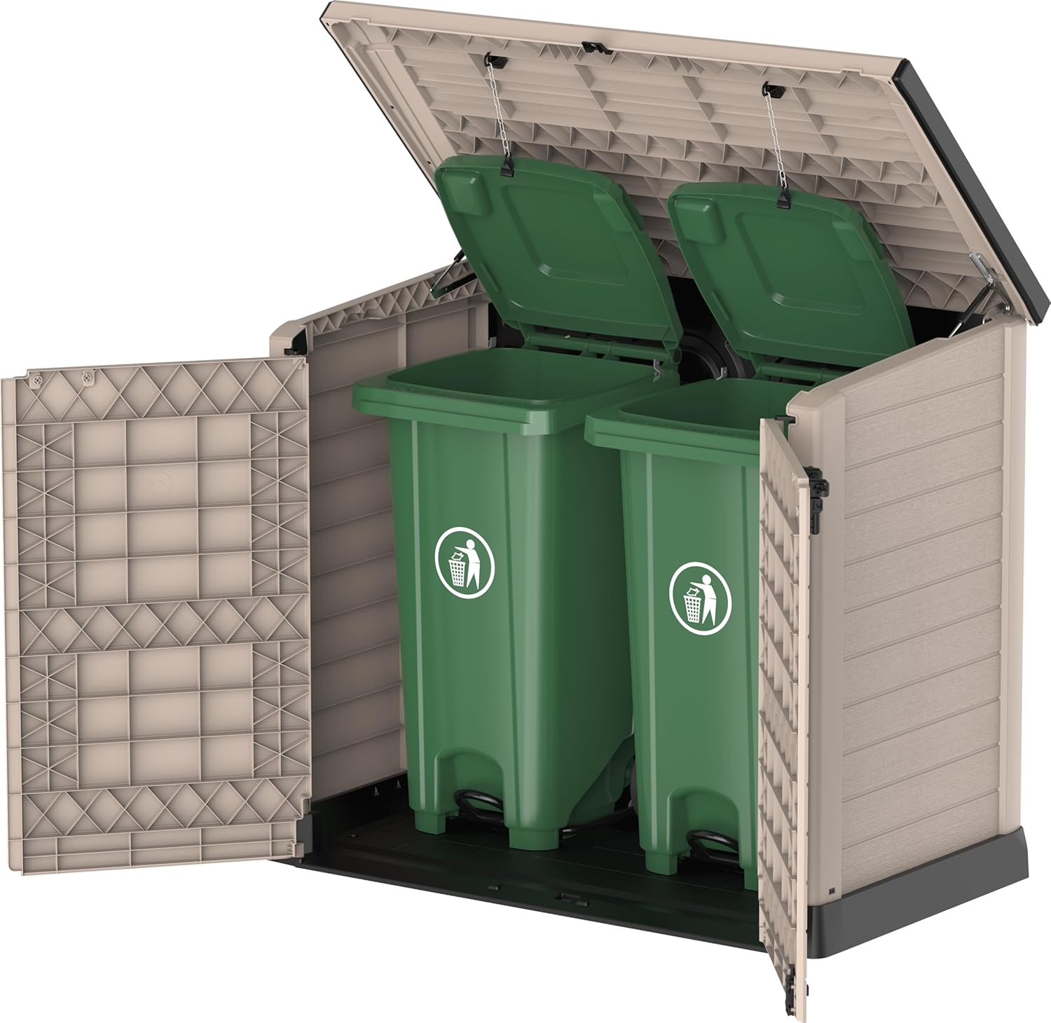 Duramax StoreAway 1200L Plastic Garden Shed/ Flat Lid,Outdoor Storage Shed,Wheelie Bin Hideaways,Wheelie bin box,Durable Construction,Ideal for Bikes,BBQs & 2x 240L Bins,145x85x125 cm,Brown