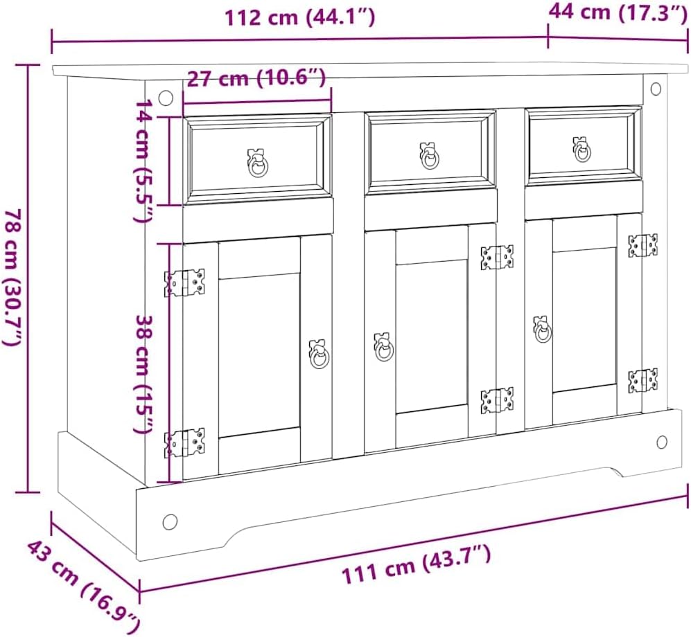 vidaXL Buffet Corona Marron 112x44x78 cm Bois Massif pin Mexicain, Meuble de Rangement, Meuble de Rangement de Cuisine, Meuble de Rangement de Salon