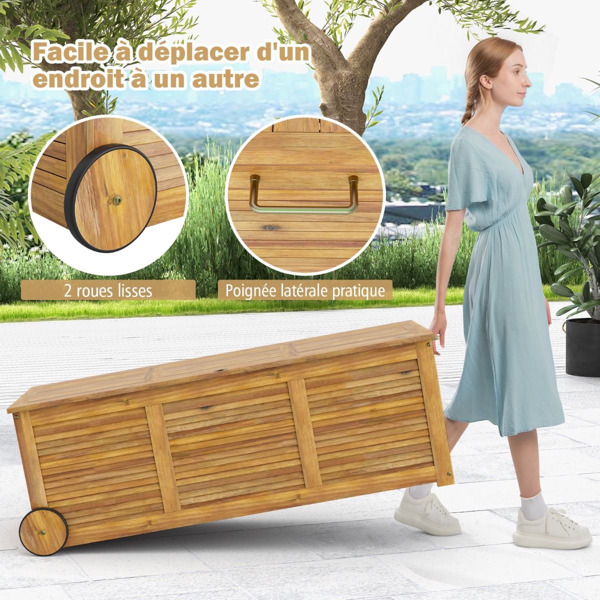 Coffre de Rangement 182L en Bois d’Acacia Charnière en Métal Banc de Rangement à Roulettes Extérieur pour Jardin Patio -