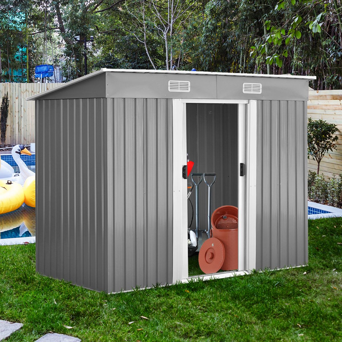 Abri de Jardin  l'Extrieur en Acier Galvanis avec 2 Portes,4 Bouches d'Aration pour Stocker Outils 238 x 131 x 181CM Gris+Blanc -