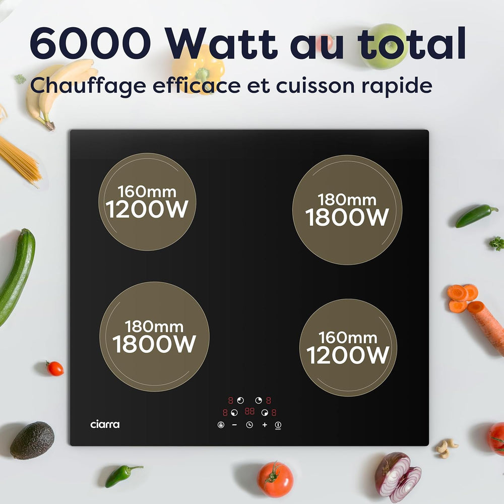 Ciarra Plaque de Cuisson à Induction - 4 Foyers - 6000W - Table de Cuisson Encastrable - Commande Tactile - 9 Niveaux - CABBIH4-E