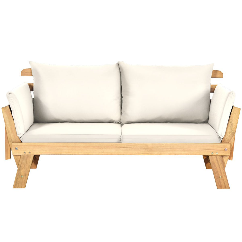 Chaise Longue Convertible avec Coussin Canapé de Jardin 2 en 1 en Bois d’Acacia avec Accoudoir Réglable pour Patio Piscine Jardin Blanc/Gris/Bleu/Rouge -