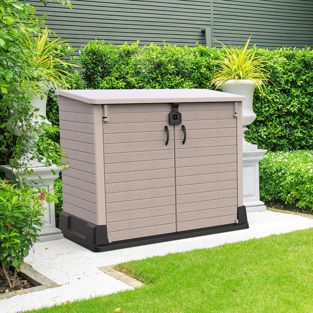 Duramax StoreAway 1200L Plastic Garden Shed/ Flat Lid,Outdoor Storage Shed,Wheelie Bin Hideaways,Wheelie bin box,Durable Construction,Ideal for Bikes,BBQs & 2x 240L Bins,145x85x125 cm,Brown