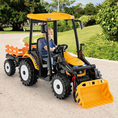 12V Tracteur lectrique Enfants avec Pelle&Remorque Amovible Vhicule lectrique  6 Roues avec Tlcommande & Musique 3-6 km/h pour 3-8 Ans Jaune/Vert -