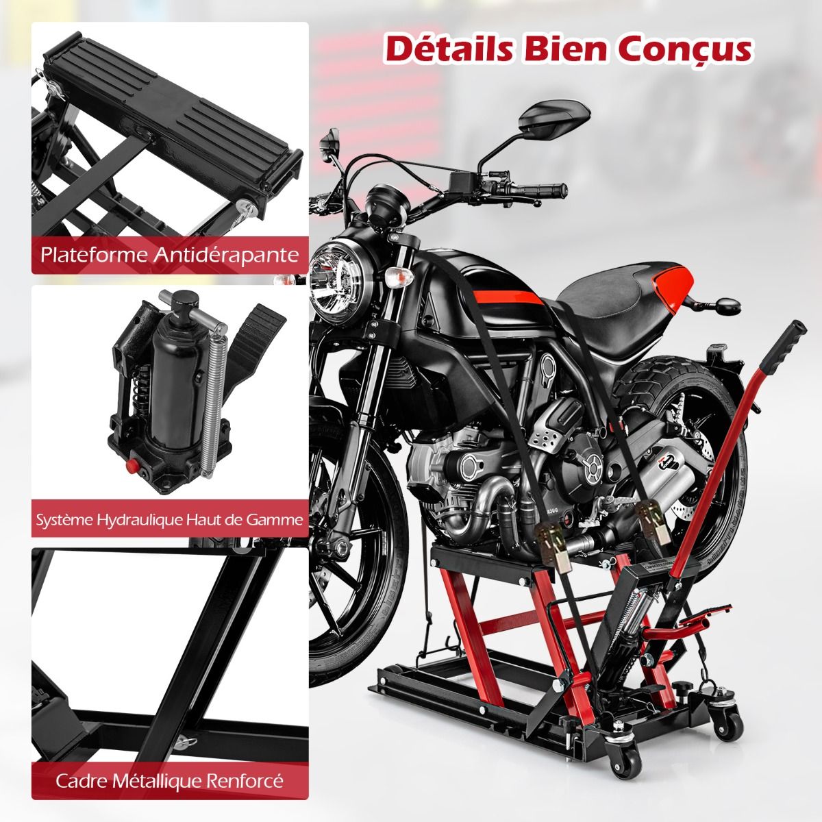 Cric Hydraulique pour Moto Capacité de 680 kg Table Élévatrice Moto Plateforme Réglable en Hauteur sur 3 Niveaux Rouge/Noir -