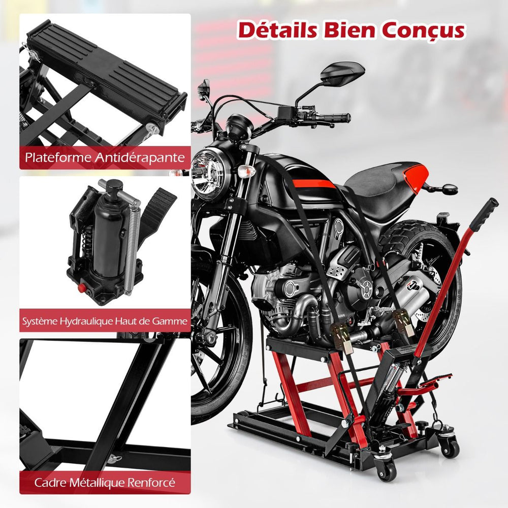 Cric Hydraulique pour Moto Capacité de 680 kg Table Élévatrice Moto Plateforme Réglable en Hauteur sur 3 Niveaux Rouge/Noir -