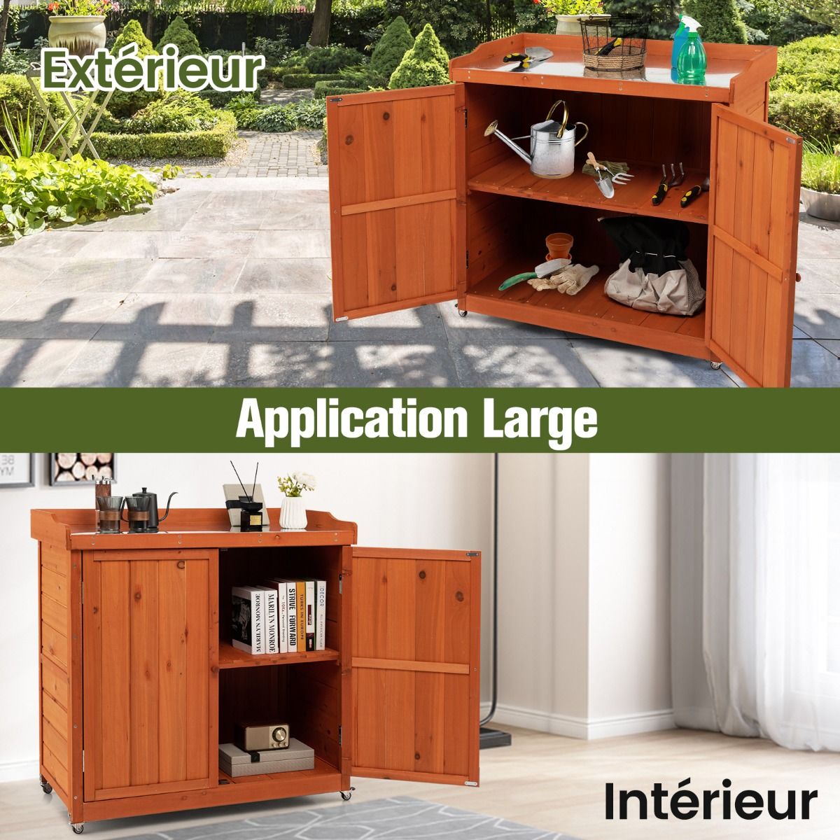 Costwy Rangement de Jardin Armoire en Bois Table de Jardinage avec Etagère Amovible 4 Roues Universelles Plateau en Acier Galvanisé -