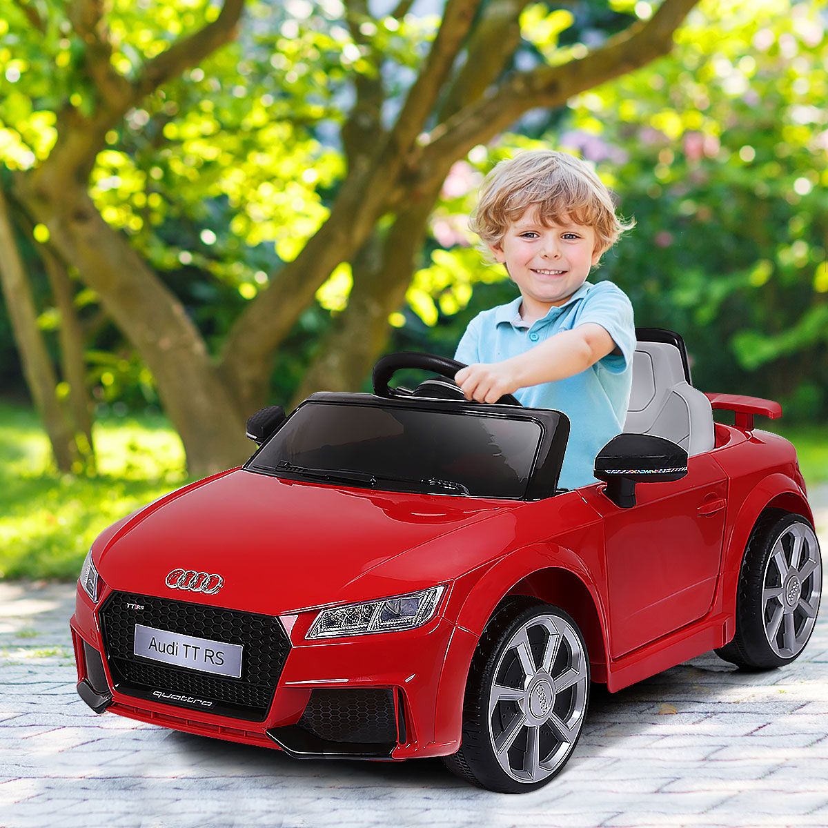 Voiture TTRS Electrique pour Enfants 12V Max. 5 Km/h Double Porte avec Télécommande 2.4G Blanc/Rouge -