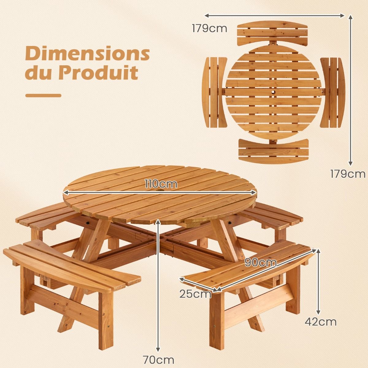 Ensemble Table de Pique-Nique en Bois pour 2  8 Personnes Set Table et Banc Circulaire avec 4 Bancs Intgrs Trou de Parasol de 5cm Marron/Jaune -