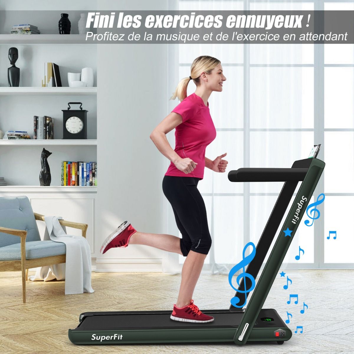 2 en 1 Tapis de Course Electrique Pliable 1  12 Km/H avec Haut-parleur Bluetooth Tlcommande Moteur 0,75HP Vert/Blanc/Noir/Rouge/Or/Noir et Argent/Bleu -