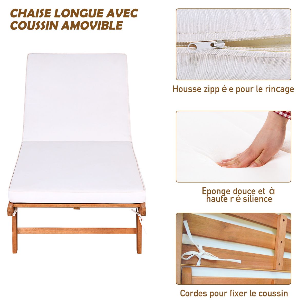 Chaise Longue Pliable en Bois avec 2 Roues et un Coussin Amovible Dossier Rglable Capacit Portante 160KG Idal pour L檈xtrieur -