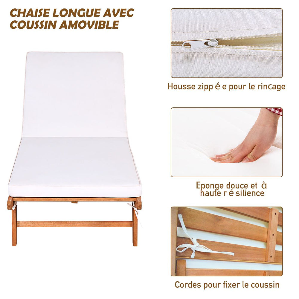 Chaise Longue Pliable en Bois avec 2 Roues et un Coussin Amovible Dossier Rglable Capacit Portante 160KG Idal pour L檈xtrieur -