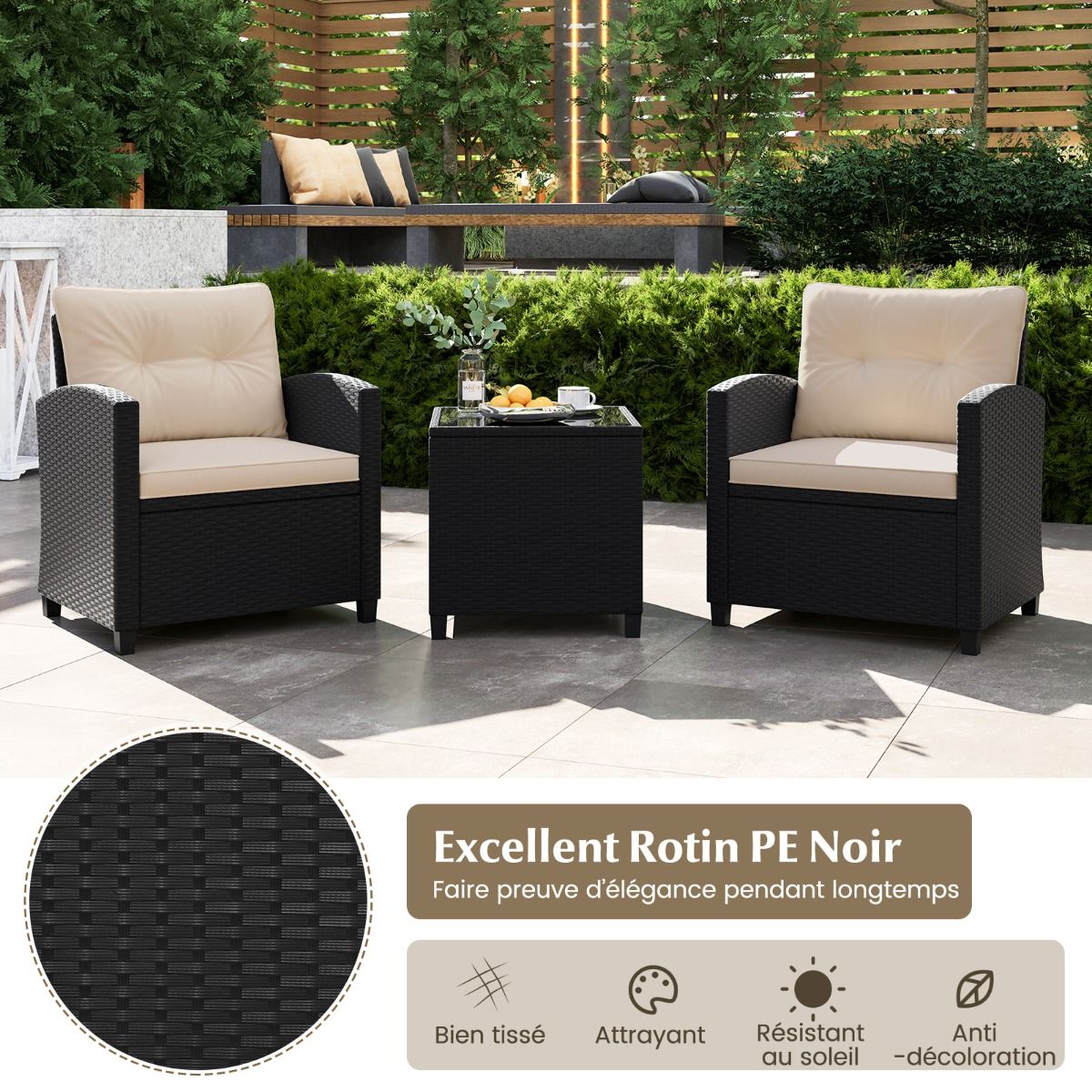Ensemble de Meubles 3 Pices de Patio en Rotin Charge 180KG Salon de Jardin 2 Fauteuils Table Basse avec Plateau Noir/Beige/Blanc -