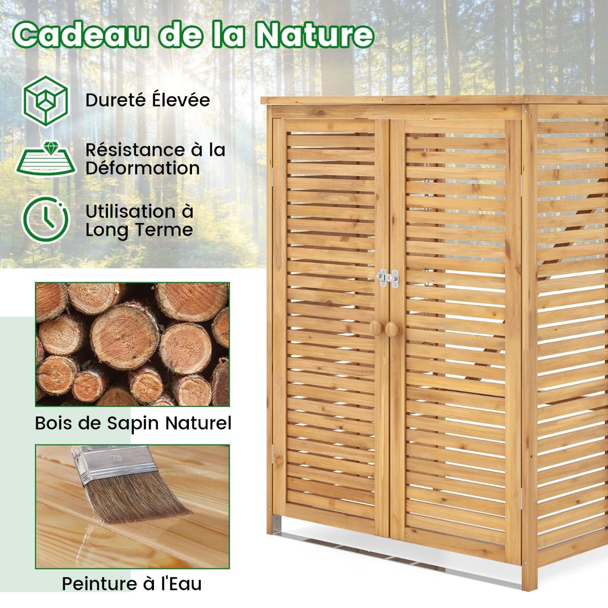 Abri à Poubelle en Bois de 120 L Abri pour Outils d'Extérieur avec Couvercle Ouvrable Doubles Portes Loquet de Verrouillage Naturel -
