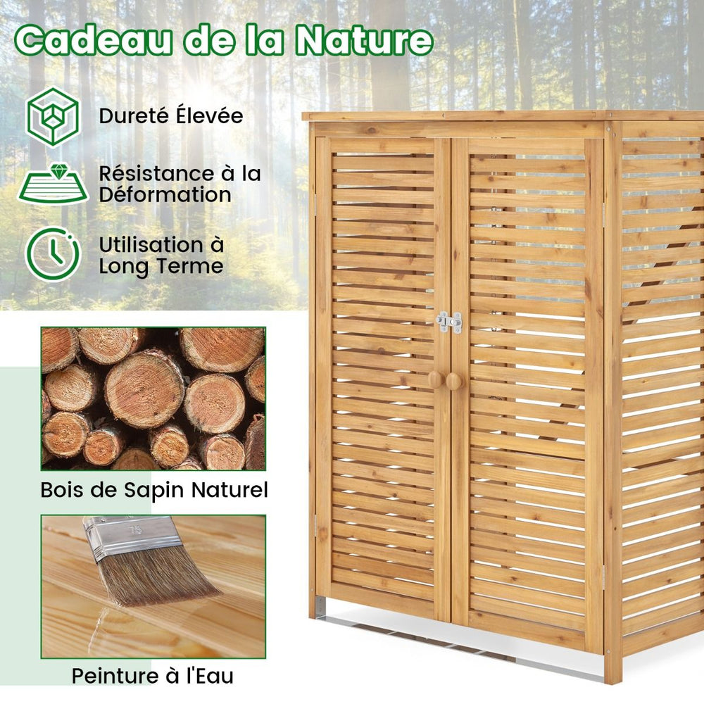 Abri à Poubelle en Bois de 120 L Abri pour Outils d'Extérieur avec Couvercle Ouvrable Doubles Portes Loquet de Verrouillage Naturel -