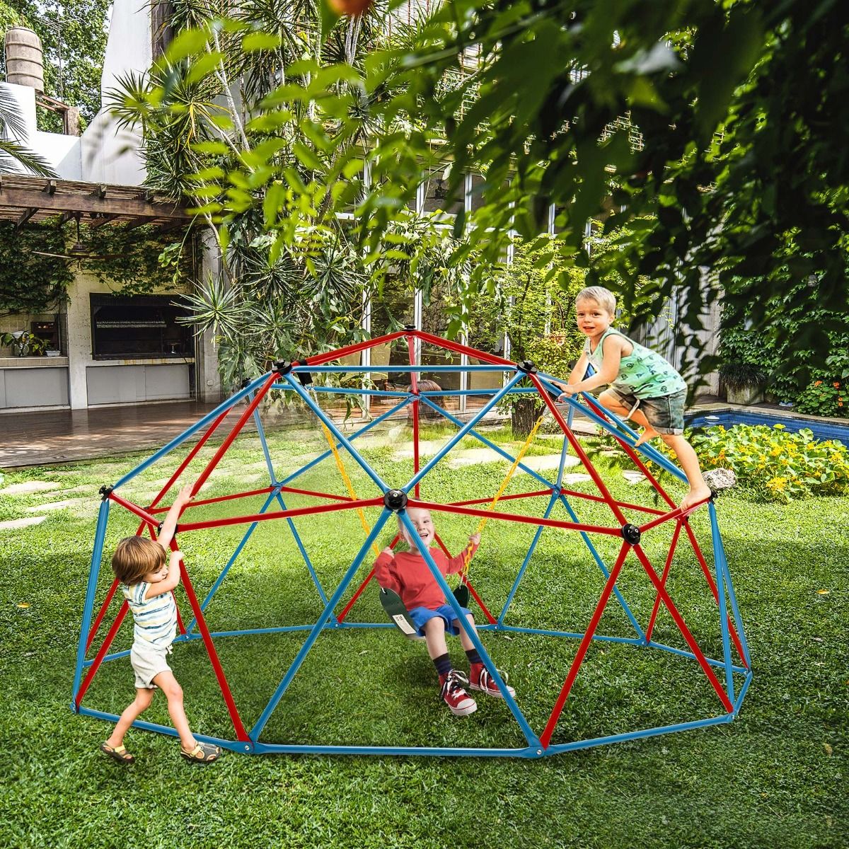 D么me d'Escalade de 305cm avec Balanoire Cage d'Escalade en Mtal Charge Max 363 kg Intrieur Extrieur pour Enfants de 3-10 Ans Jaune/Rouge -