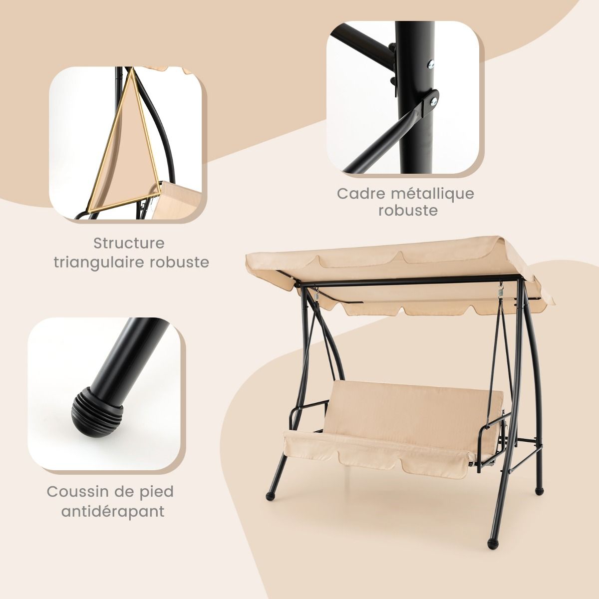 Balancelle d'Extérieur Convertible 2 Places avec Lit Plat Hamac de Terrasse avec Auvent Réglable et Coussin Amovible Pour Jardin -