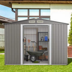 Abri de Jardin Mtal Extrieur 9.74m鲁 Acier Galvanis avec Fondation 4 Persiennes Double Porte et Rampe 260 x 207 x 181 cm Gris Fonc/Gris Clair -