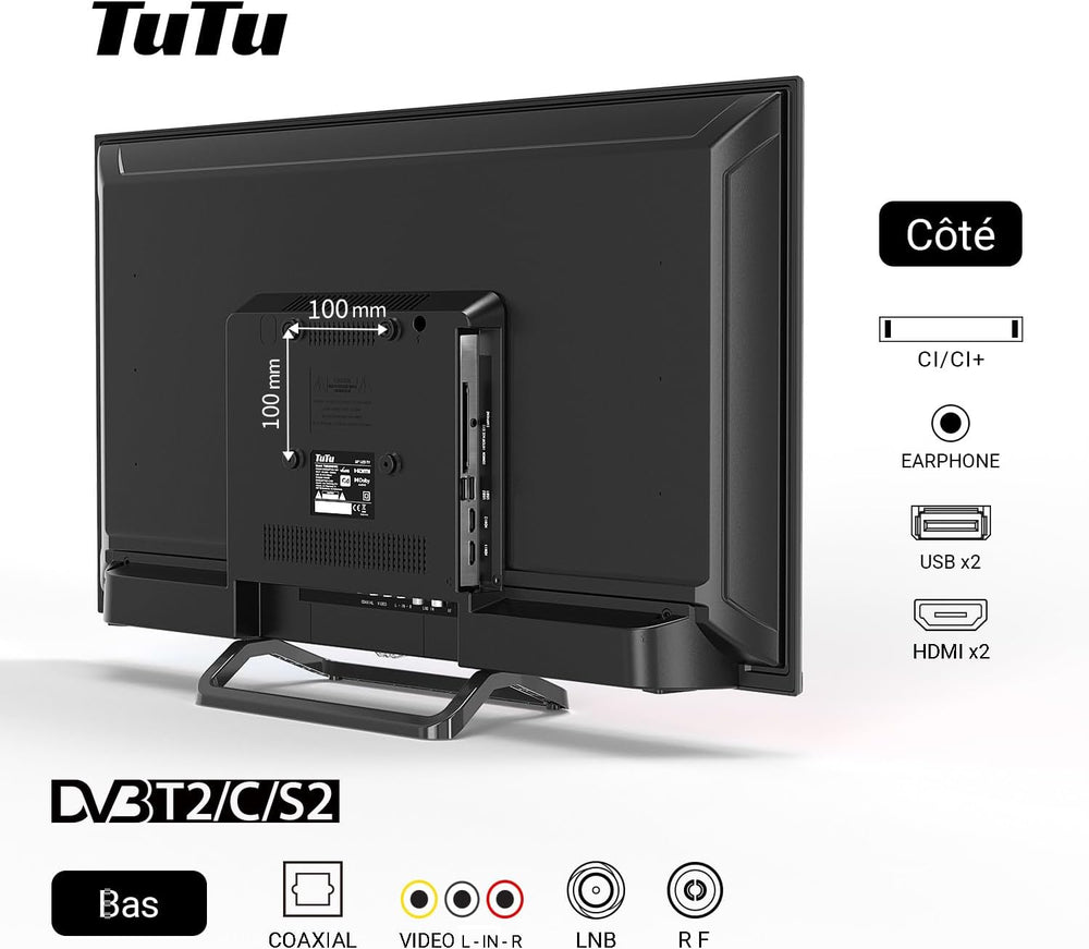 TuTu Téléviseurs 32 Pouces (80 cm) LED Central Pied TV HD Ready Triple Tuner (DVB-C / T2 / S2) HDMI x2 CI+ Lecteur multimédia USB 2.0 Mode hôtel Dolby Audio 2024