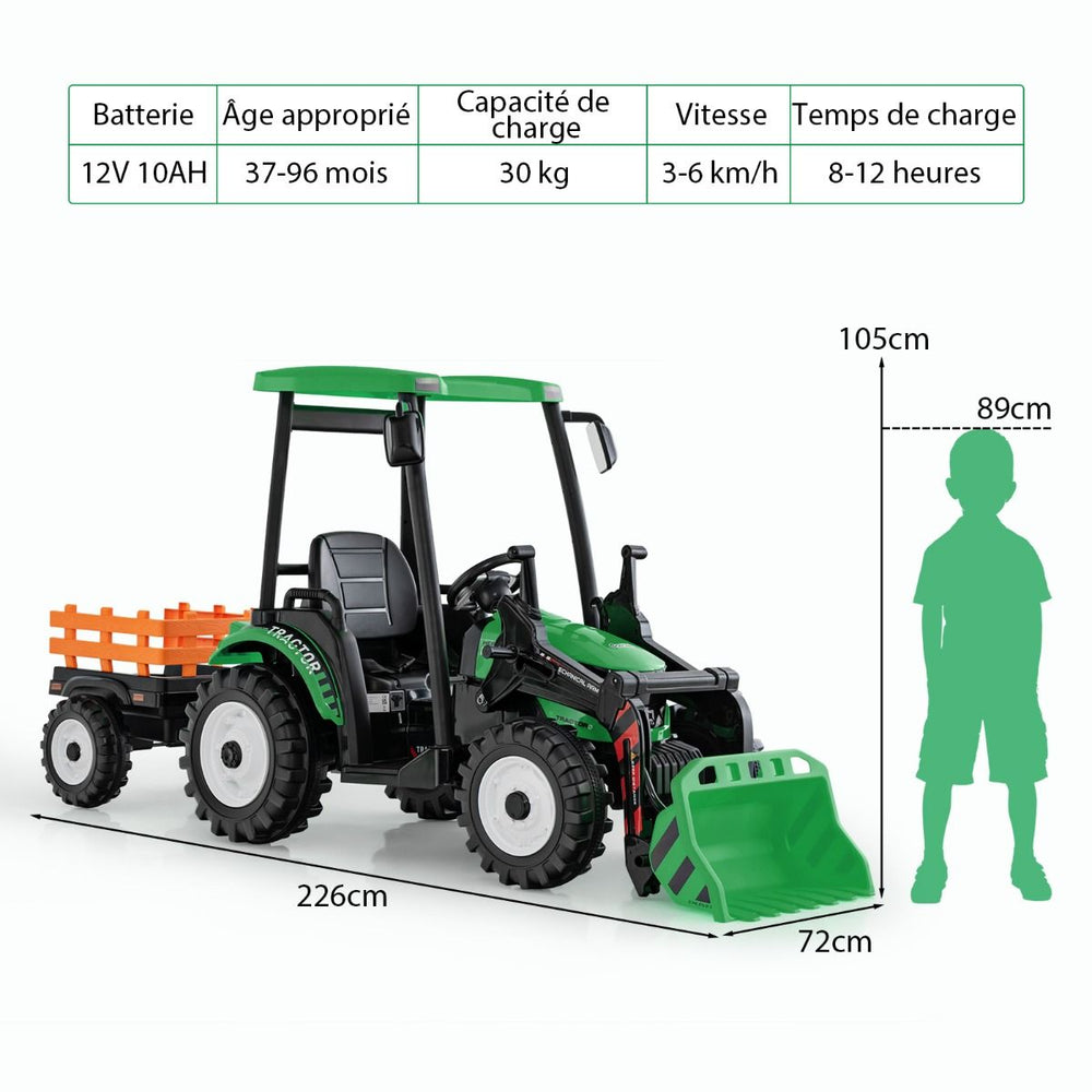 12V Tracteur lectrique Enfants avec Pelle&Remorque Amovible Vhicule lectrique  6 Roues avec Tlcommande & Musique 3-6 km/h pour 3-8 Ans Jaune/Vert -