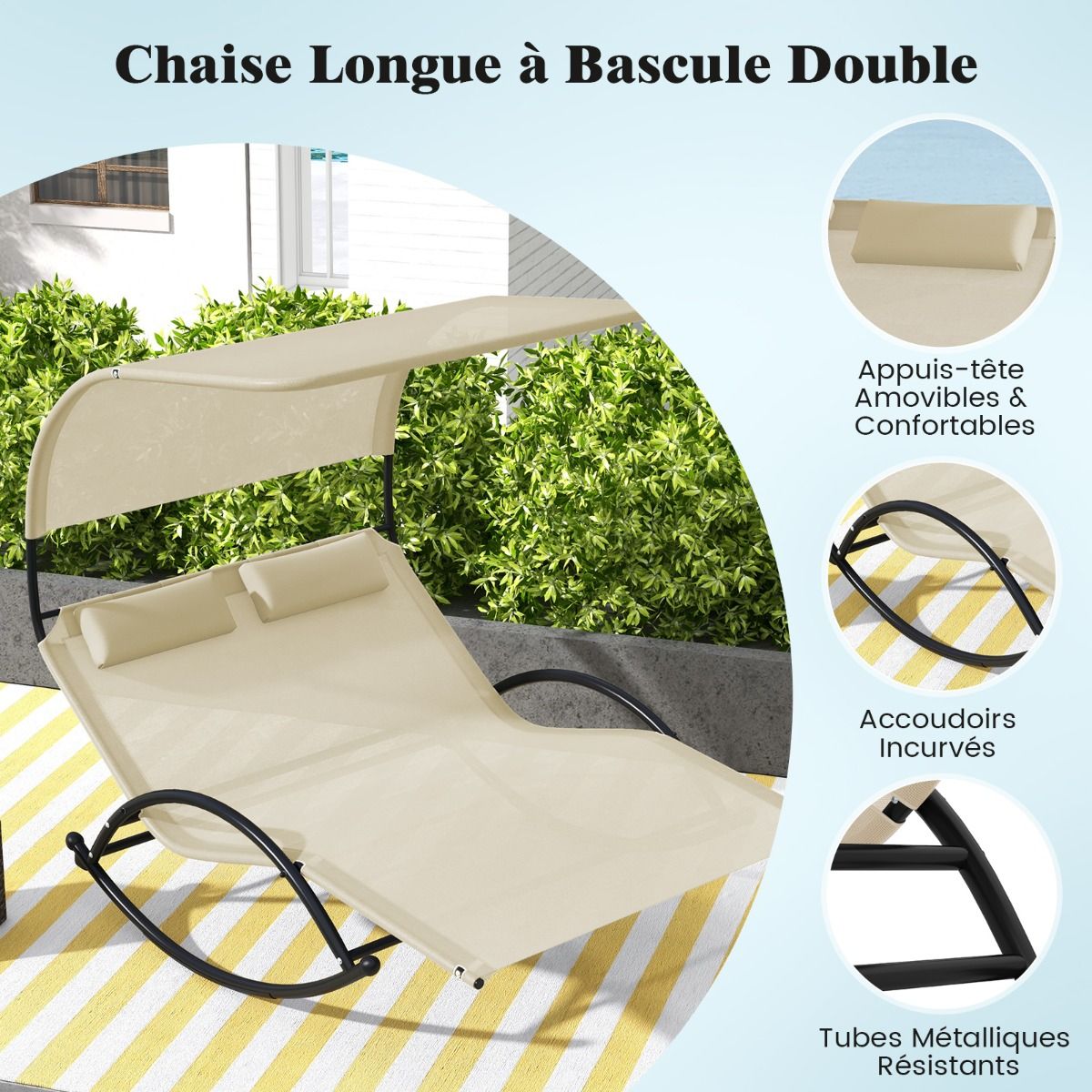 Chaise Longue Double Chaise  Bascule pour 2 Personnes 2 Appui-T锚tes Amovibles Cadre en Mtal Robuste Lit de Repos Ergonomique 2 Places Gris/Noir/Beige -